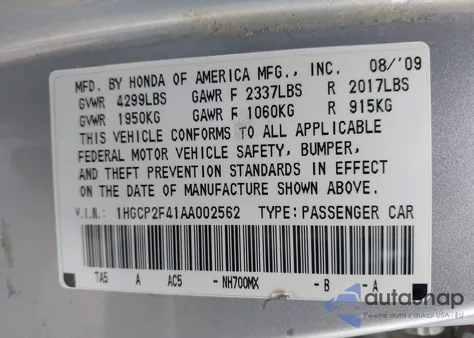2010 Honda Accord 2.4 Lx-P from USA, damaged, VIN 1HGCP2F41AA002562